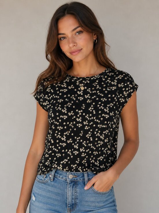 Whistles Tops - Whistles‎ Black and Cream Floral Short Sleeve Top